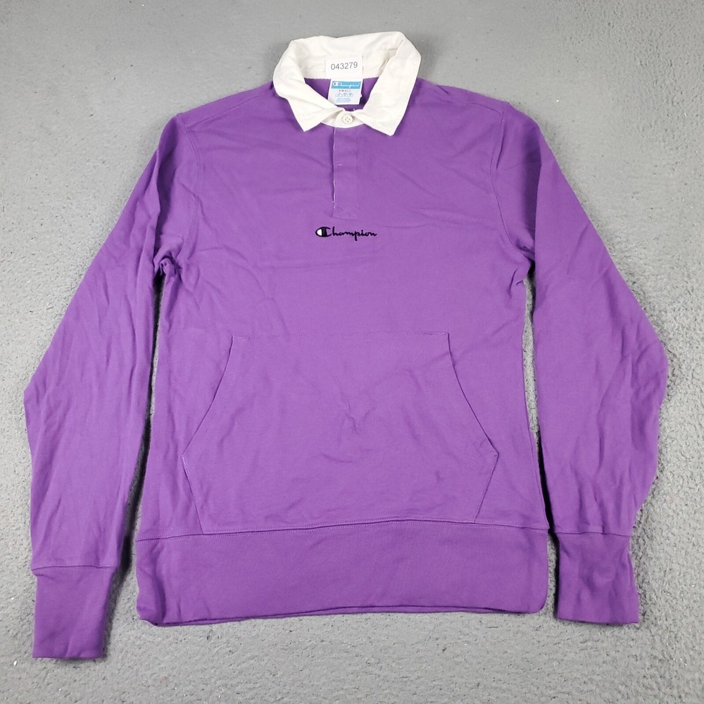 Champion Sweater Mens Small Purple Collared Pullover Sweatshirt Mock Neck Logo